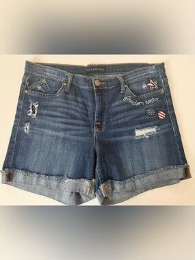 Rock & Republic Distressed Dark Wash Denim Shorts with Embroidered Patches